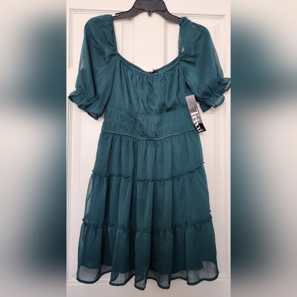 Trixxi Green and Blue Ruffled Tiered Midi Dress for Wedding Guest
